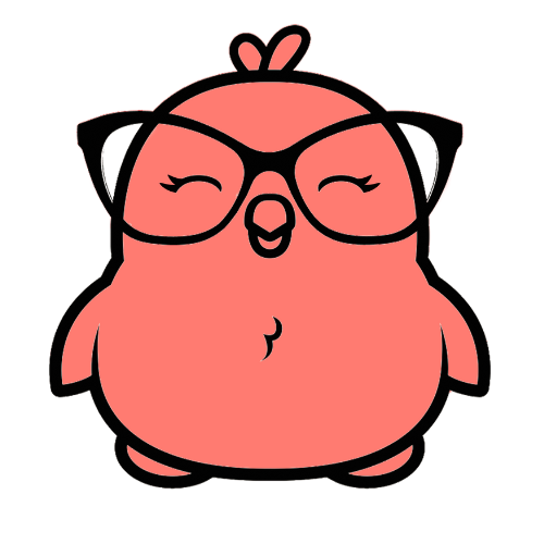Cartoon red chick with a black
            outline wearing glasses